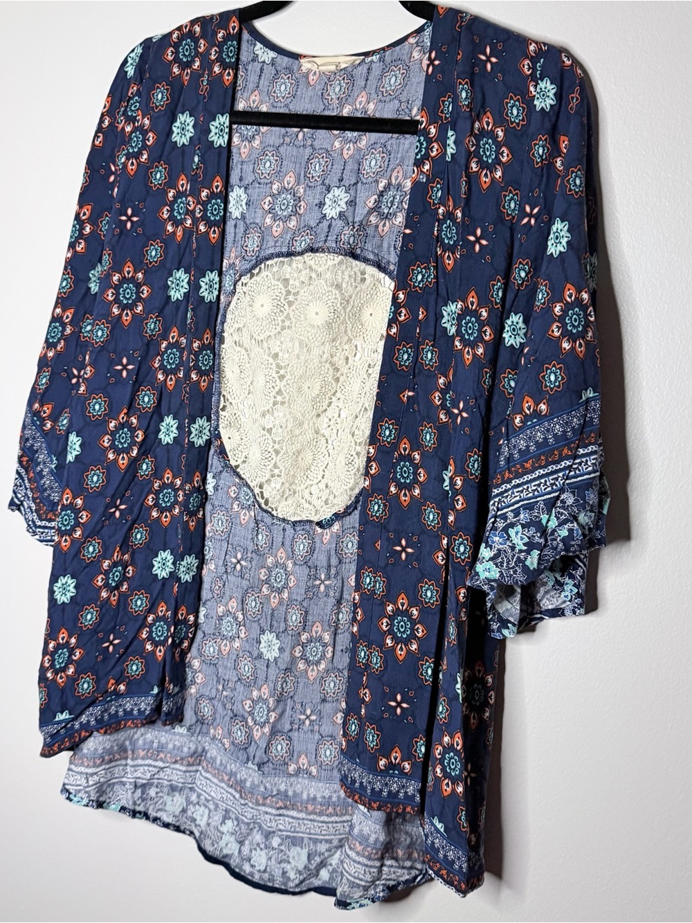 Boho Floral Navy dream catcher Crochet-Back Kimono Top